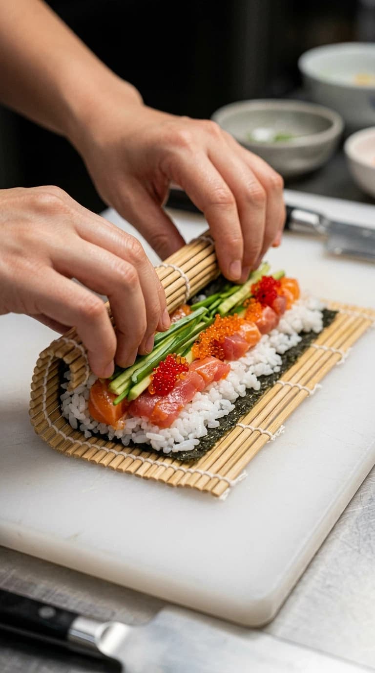 Maki rulles på bambusmatte